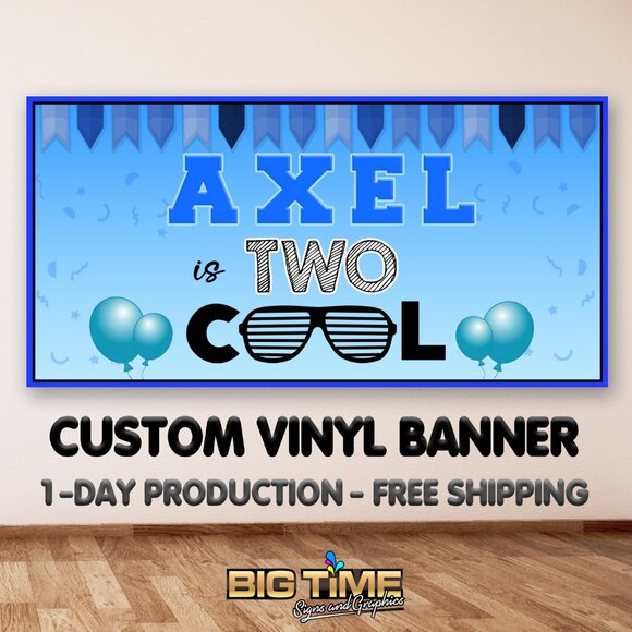 Two Cool Birthday Banner, 2 Year Old Custom Birthday Banner 2ft x 4ft - Picture 1 of 2